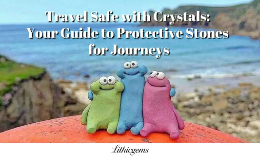 Three colorful clay figures sitting on an orange surface with ocean and cliffs in the background, promoting travel safety with protective crystals