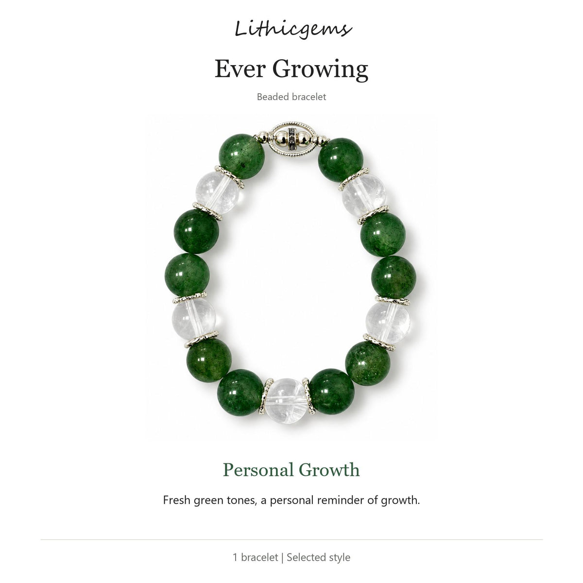Green Quartz and Clear Crystal Beaded Bracelet with Silver-Tone Accents - Fashion Costume Jewelry for Daily Wear - Lithicgems