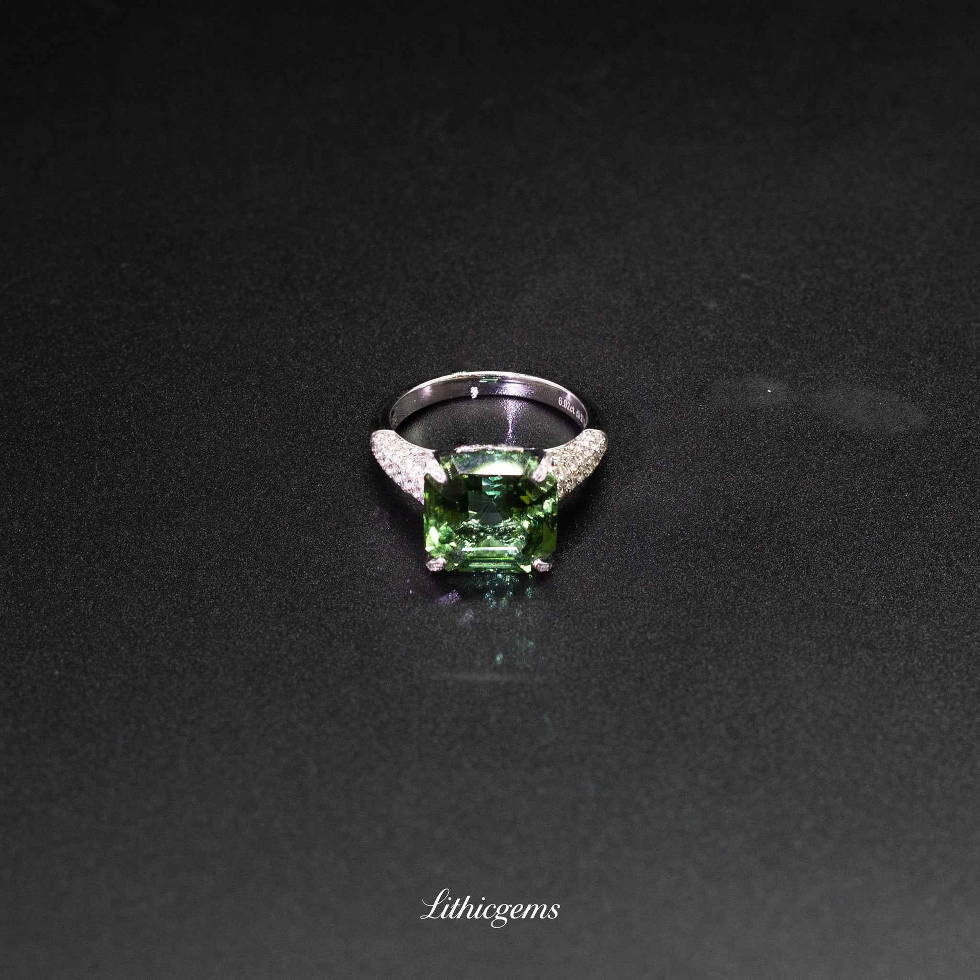 Custom 18K Gold Square Afghan Green Tourmaline Diamond Ring | AIGS/GUILD Certified