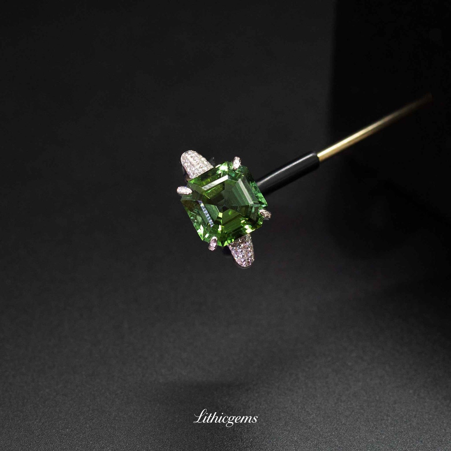 Custom 18K Gold Square Afghan Green Tourmaline Diamond Ring | AIGS/GUILD Certified
