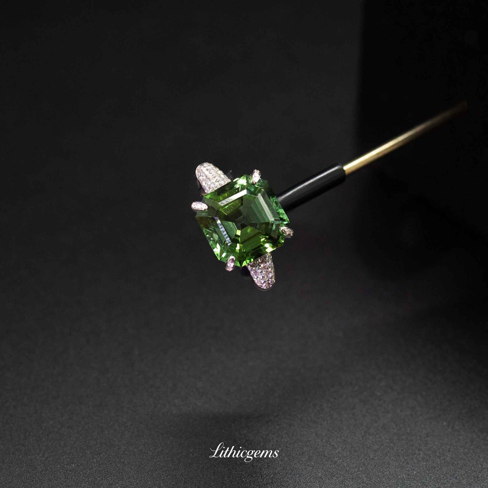 Custom 18K Gold Square Afghan Green Tourmaline Diamond Ring | AIGS/GUILD Certified