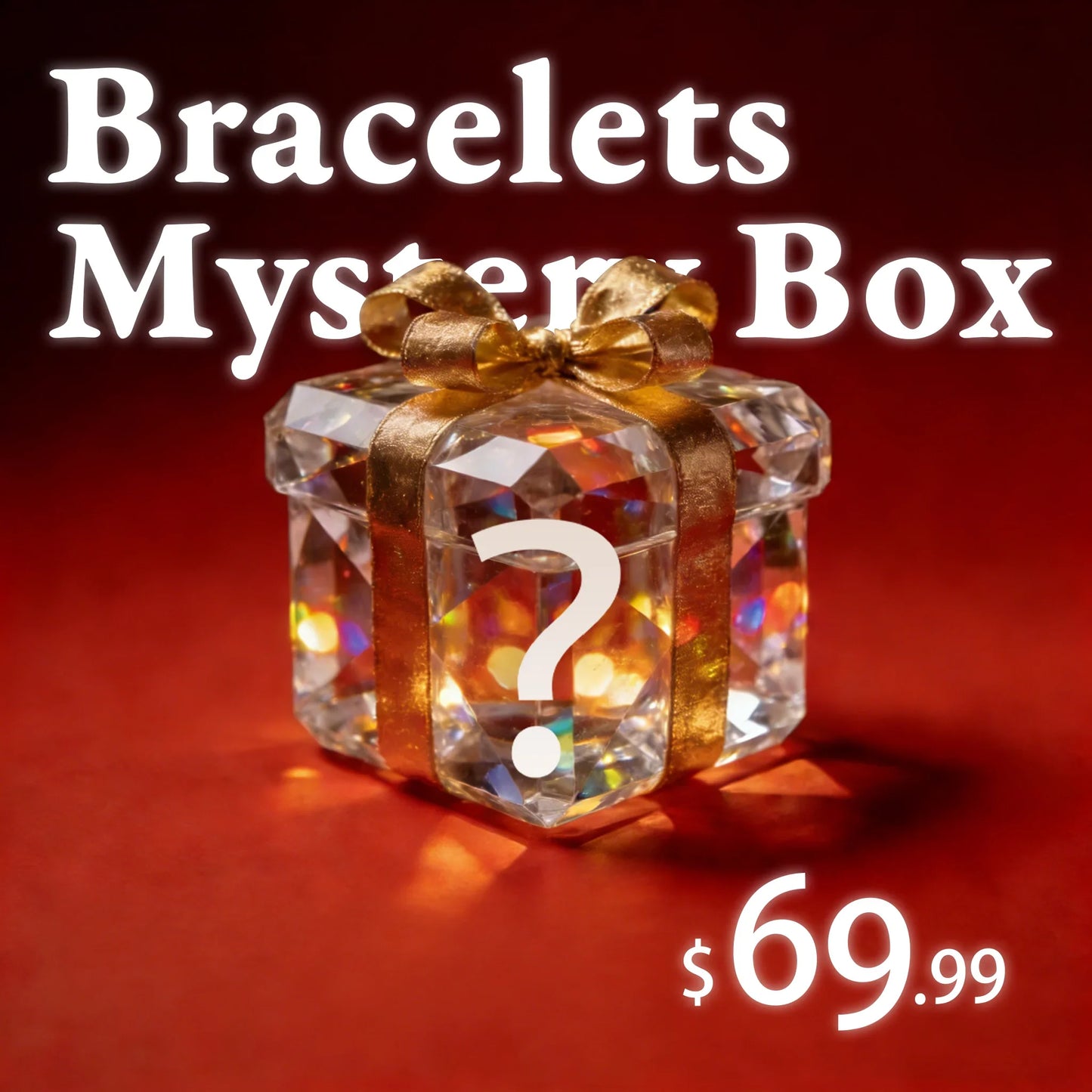 Crystal gift box with gold ribbon labeled Bracelets Mystery Box, gemstone boutique offer, $69.99
