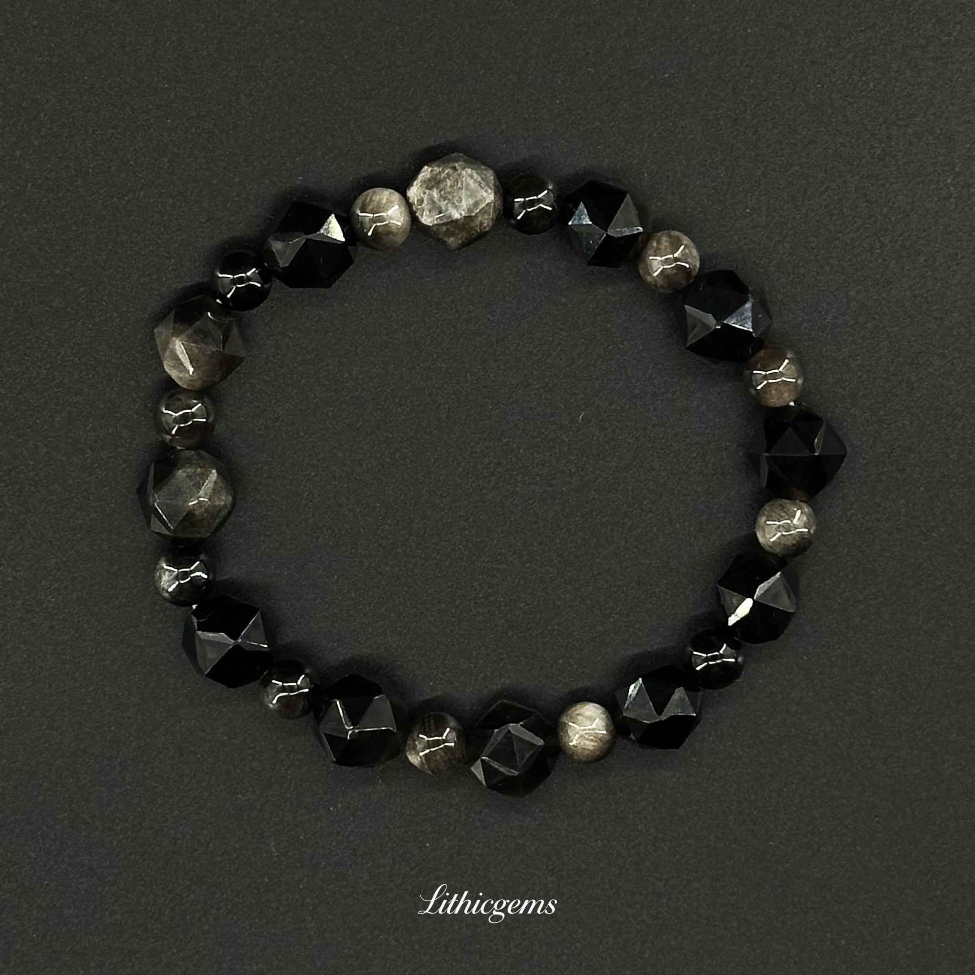 Beveled Silver Sheen Obsidian Bracelet - Powerful Protection & Polished Elegance - Cutting beads 8mm|Bead 6mm|20±1g Natural Crystal Gemstones - Lithicgems