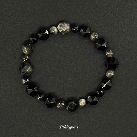 Beveled Silver Sheen Obsidian Bracelet - Powerful Protection & Polished Elegance - Cutting beads 8mm|Bead 6mm|20±1g Natural Crystal Gemstones - Lithicgems