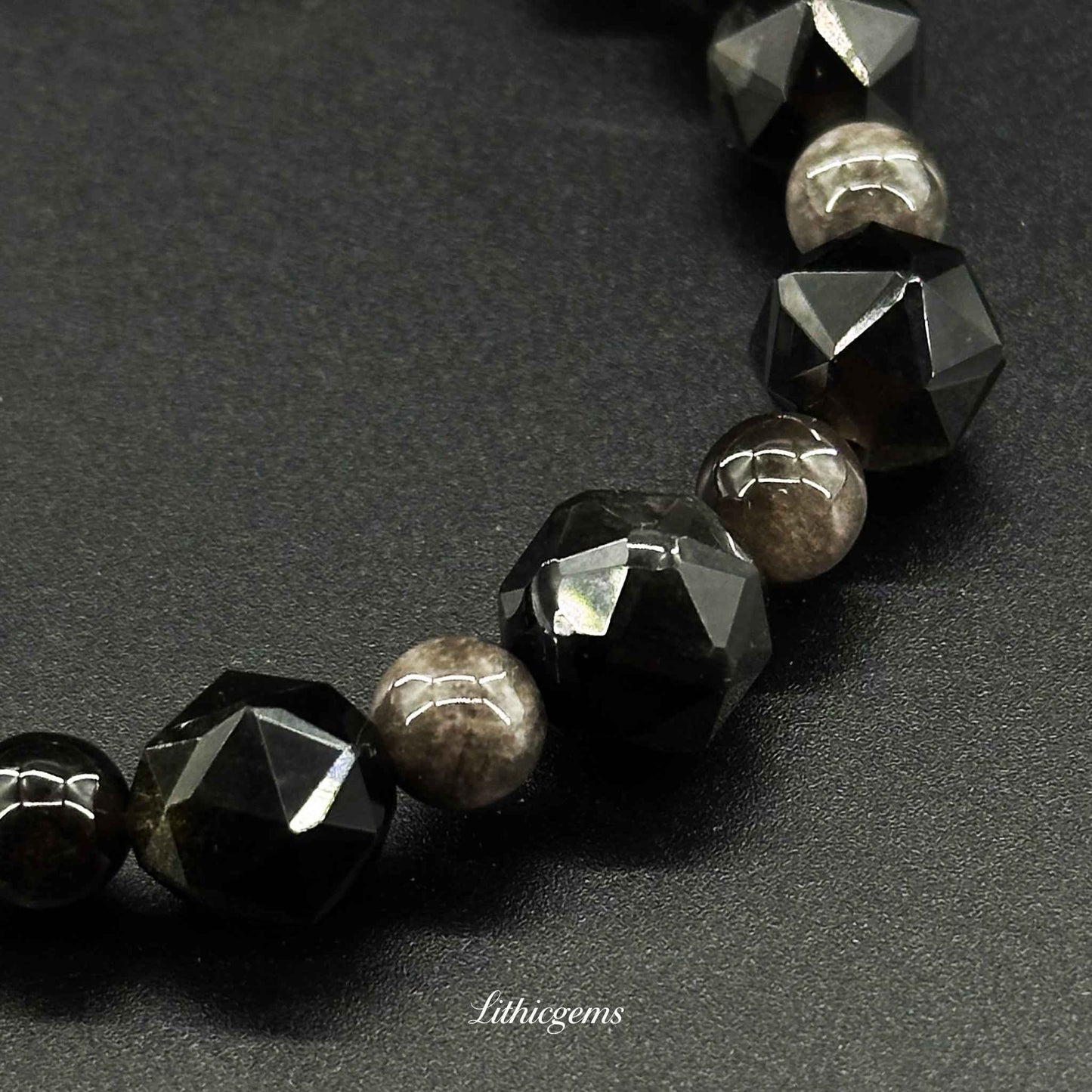 Beveled Silver Sheen Obsidian Bracelet - Powerful Protection & Polished Elegance Natural Crystal Gemstones - Lithicgems Jewelry