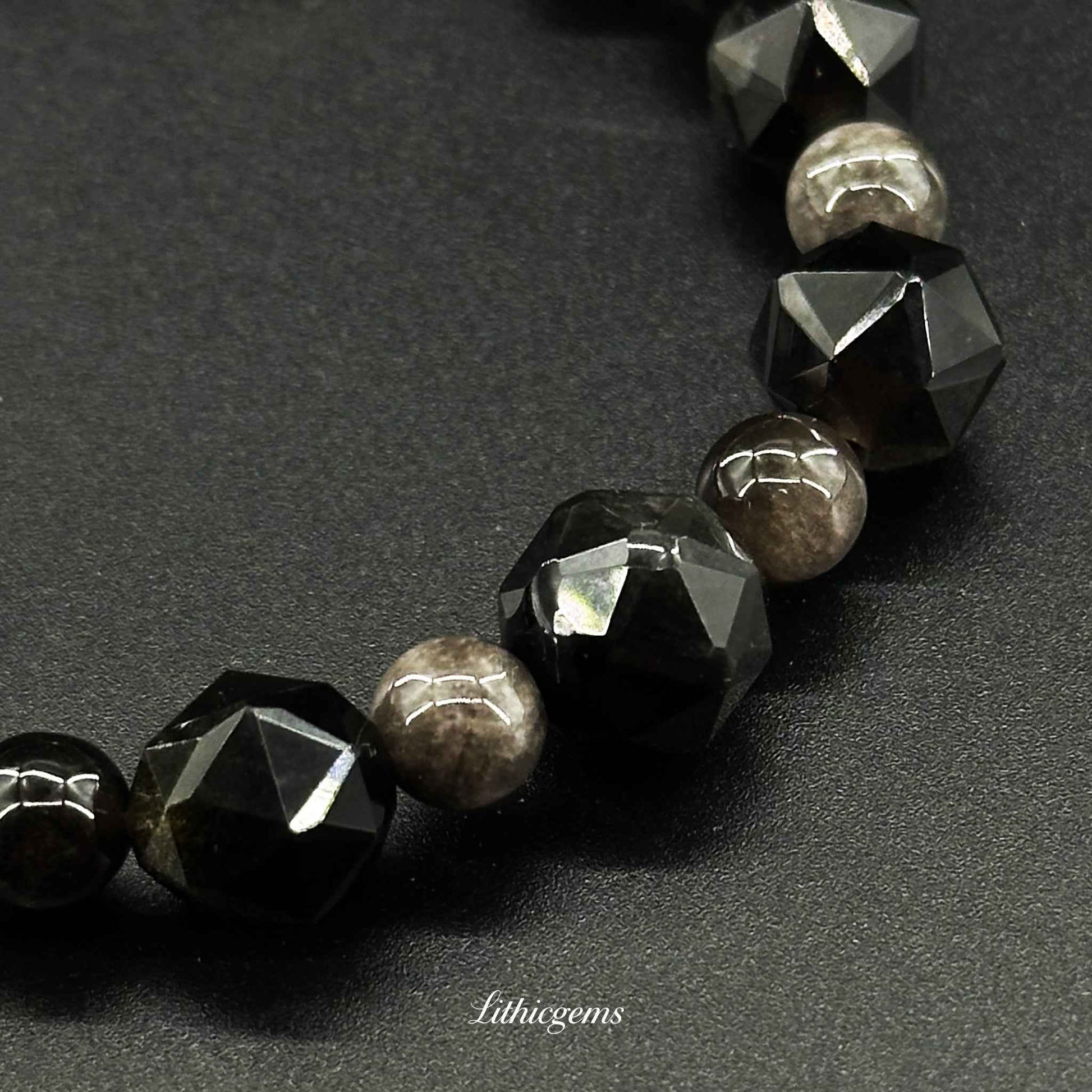Beveled Silver Sheen Obsidian Bracelet - Powerful Protection & Polished Elegance Natural Crystal Gemstones - Lithicgems Jewelry