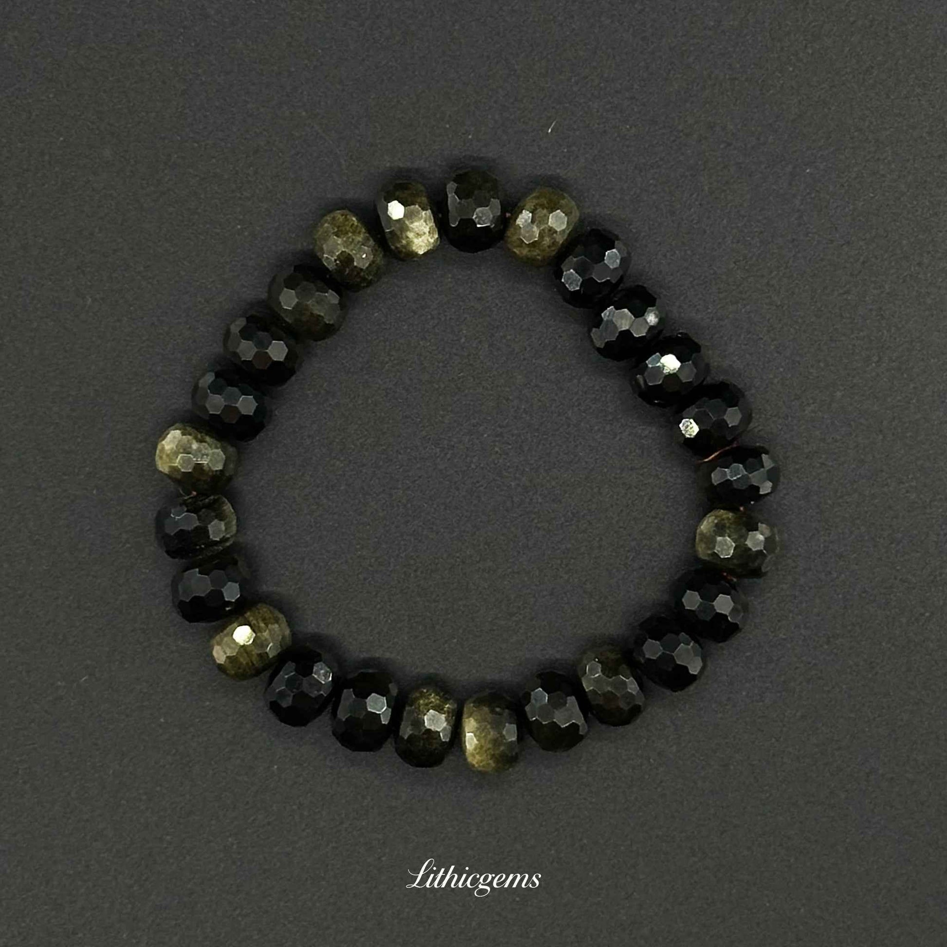 Faceted Gold Sheen Obsidian Bracelet - Wheel Beads for Wealth & Powerful Shielding - Cutting beads 10mm|28±2g Natural Crystal Gemstones - Lithicgems
