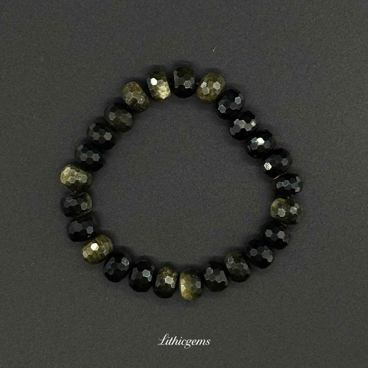 Faceted Gold Sheen Obsidian Bracelet - Wheel Beads for Wealth & Powerful Shielding - Cutting beads 10mm|28±2g Natural Crystal Gemstones - Lithicgems