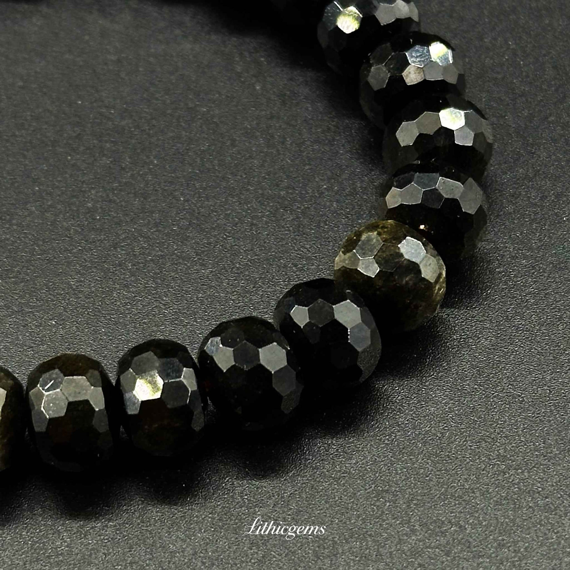Faceted Gold Sheen Obsidian Bracelet - Wheel Beads for Wealth & Powerful Shielding Natural Crystal Gemstones - Lithicgems Jewelry