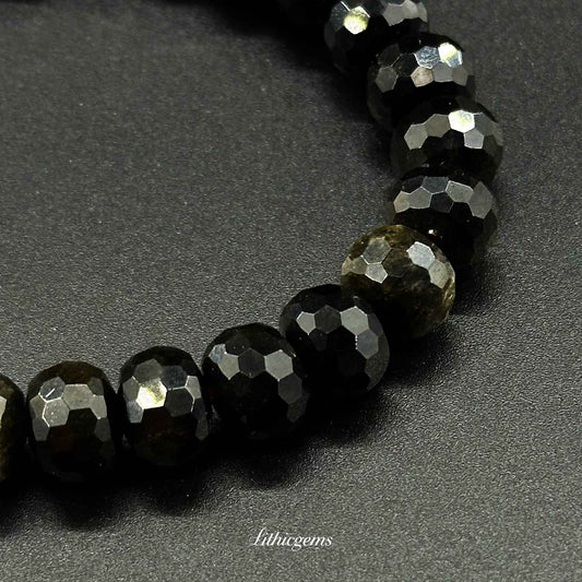 Faceted Gold Sheen Obsidian Bracelet - Wheel Beads for Wealth & Powerful Shielding Natural Crystal Gemstones - Lithicgems Jewelry
