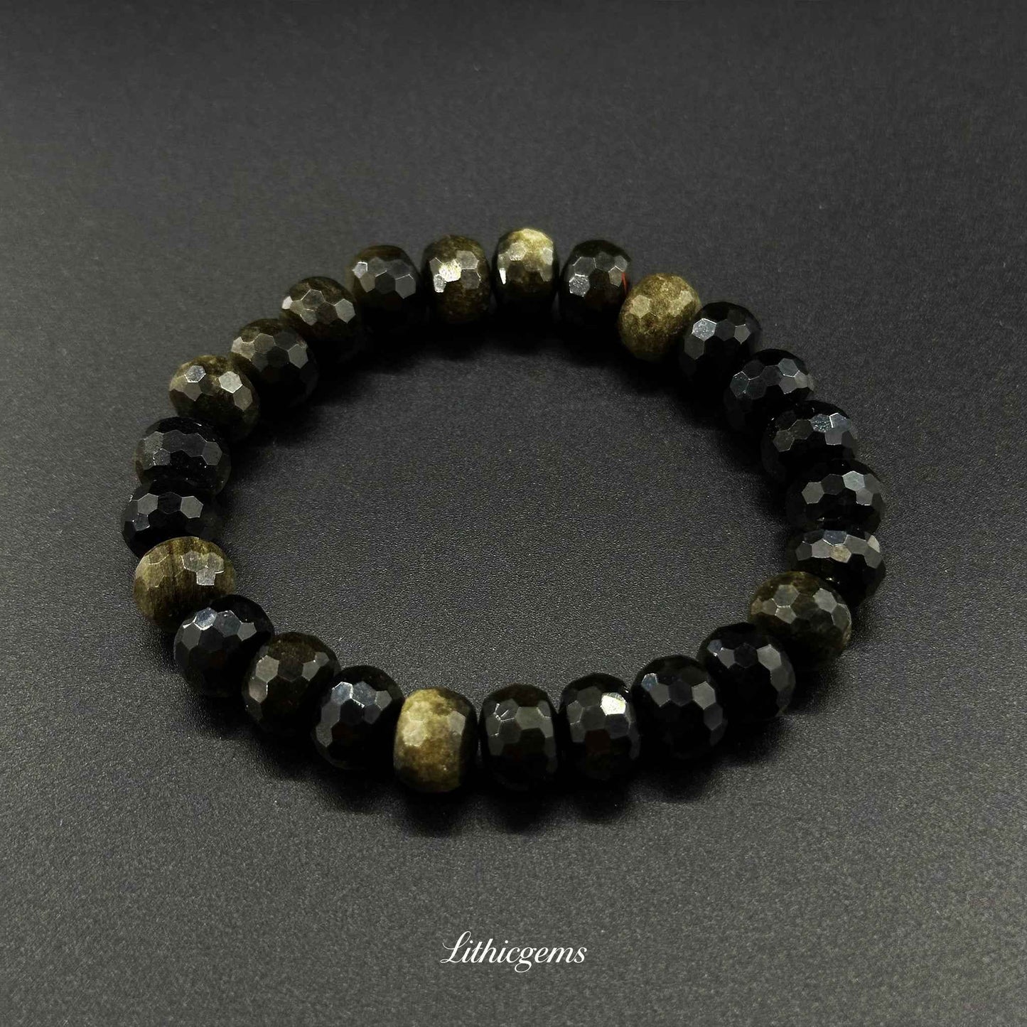 Faceted Gold Sheen Obsidian Bracelet - Wheel Beads for Wealth & Powerful Shielding Natural Crystal Gemstones - Lithicgems Jewelry