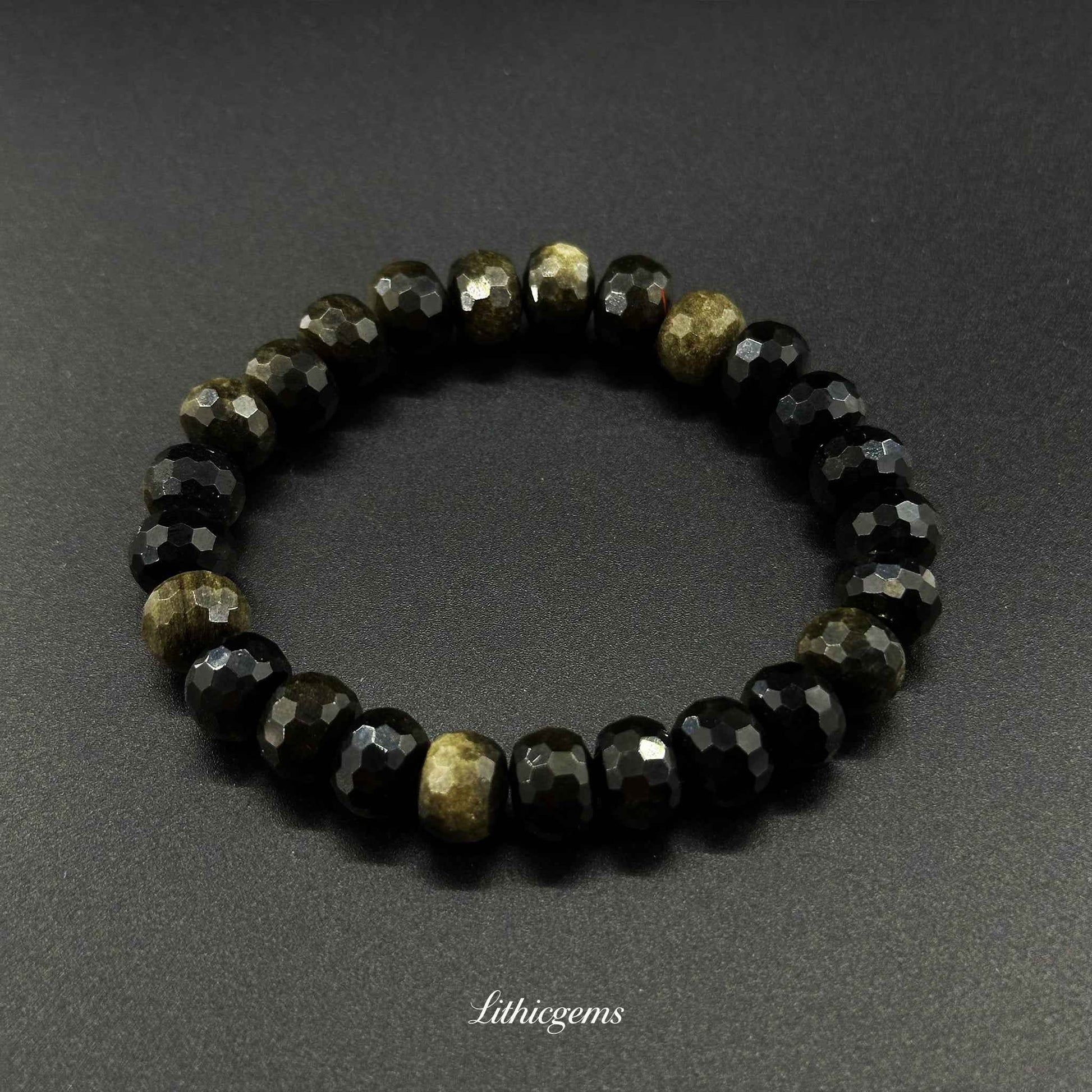 Faceted Gold Sheen Obsidian Bracelet - Wheel Beads for Wealth & Powerful Shielding Natural Crystal Gemstones - Lithicgems Jewelry