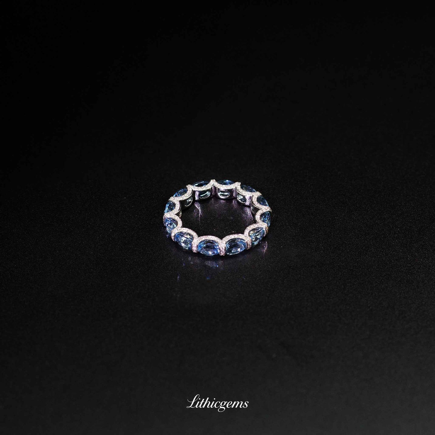 Custom 18K Gold Aquamarine and Diamond Twisted Circle Eternity Band | AIGS/GUILD Certified - Lithicgems