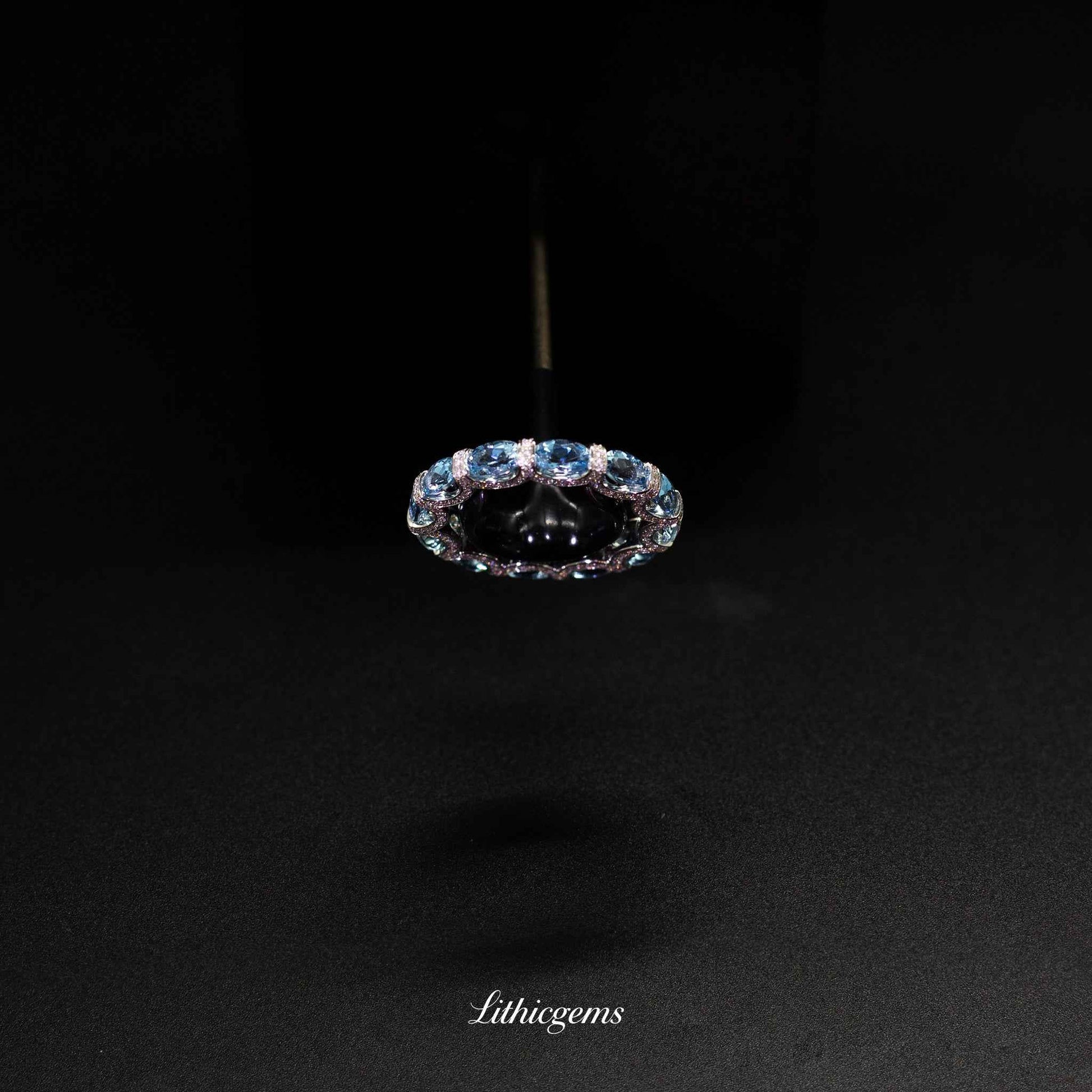 Custom 18K Gold Aquamarine and Diamond Twisted Circle Eternity Band | AIGS/GUILD Certified - Lithicgems