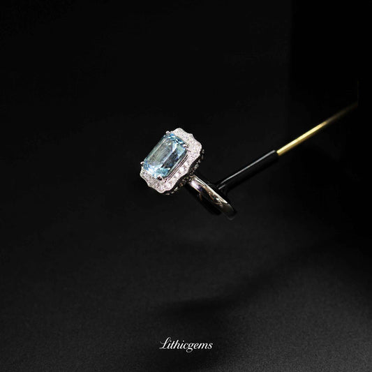 Custom 18K Gold Octagonal Cut Aquamarine & Diamond Convertible Ring | AIGS/GUILD Certified - Lithicgems