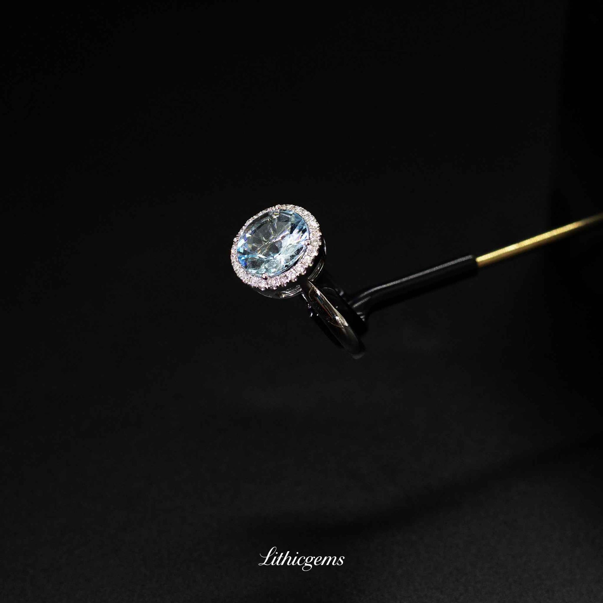 Custom 18K Gold Round Aquamarine Halo Diamond Ring | AIGS/GUILD Certified - Lithicgems