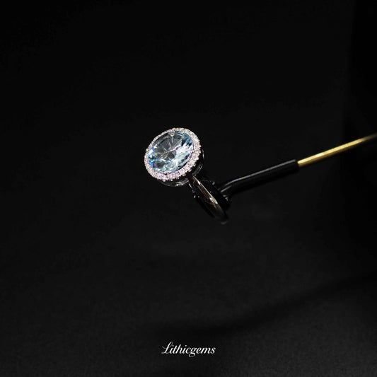 Custom 18K Gold Round Aquamarine Halo Diamond Ring | AIGS/GUILD Certified - Lithicgems