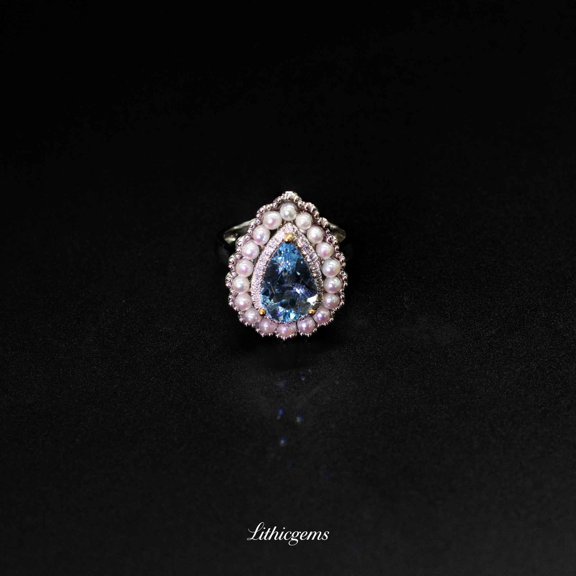Custom 18K Gold Pearl & Teardrop Aquamarine Diamond Ring | AIGS Certified - Lithicgems