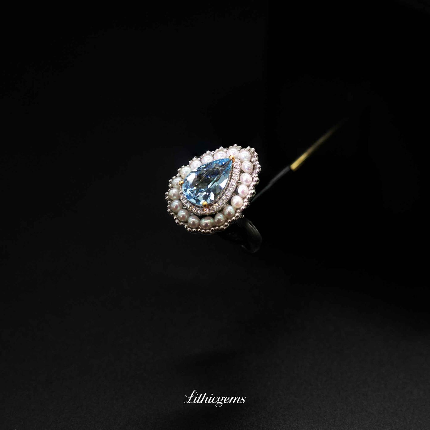 Custom 18K Gold Pearl & Teardrop Aquamarine Diamond Ring | AIGS Certified - Lithicgems