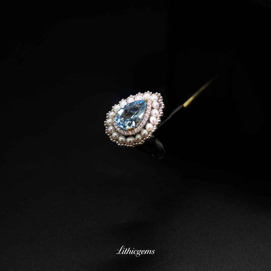 Custom 18K Gold Pearl & Teardrop Aquamarine Diamond Ring | AIGS Certified - Lithicgems