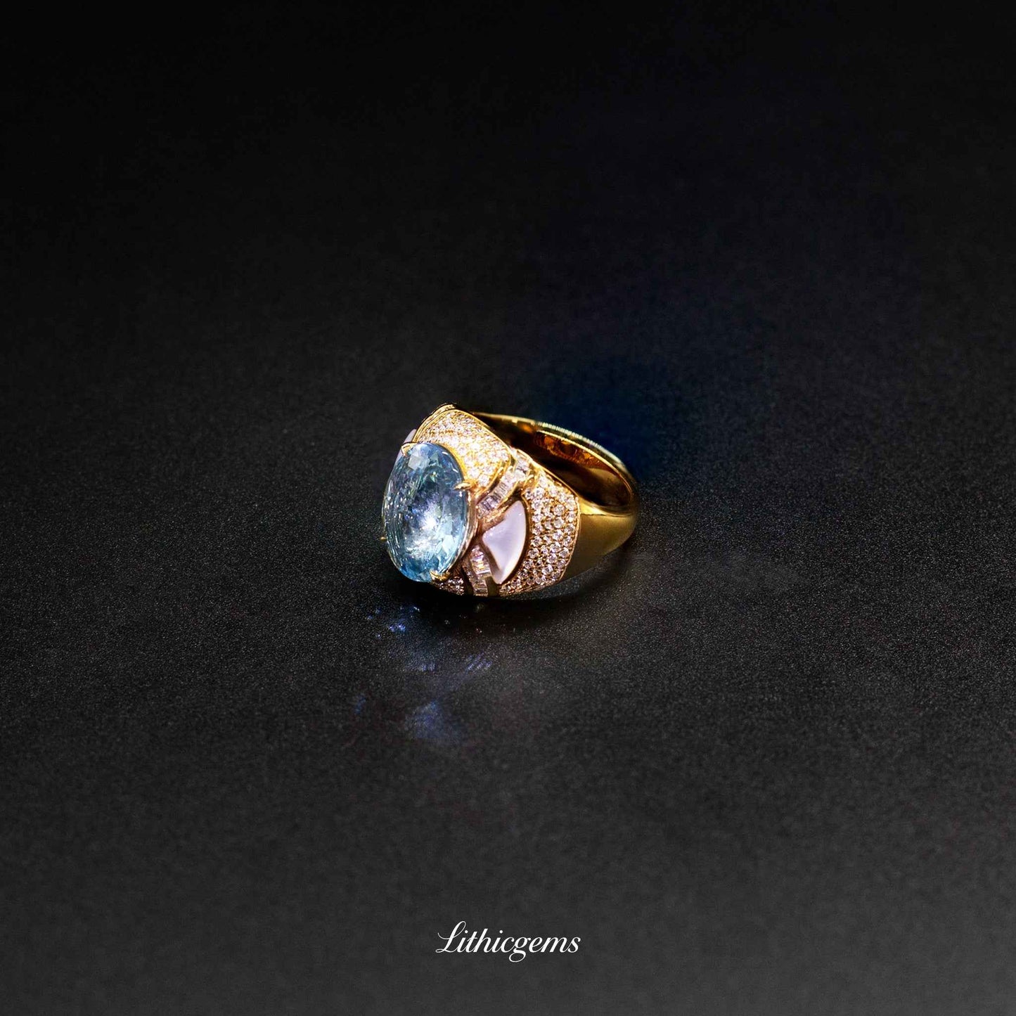 Custom 18K Gold Royal Vintage Style Aquamarine and Diamond Ring | AIGS/GUILD Certified - Lithicgems