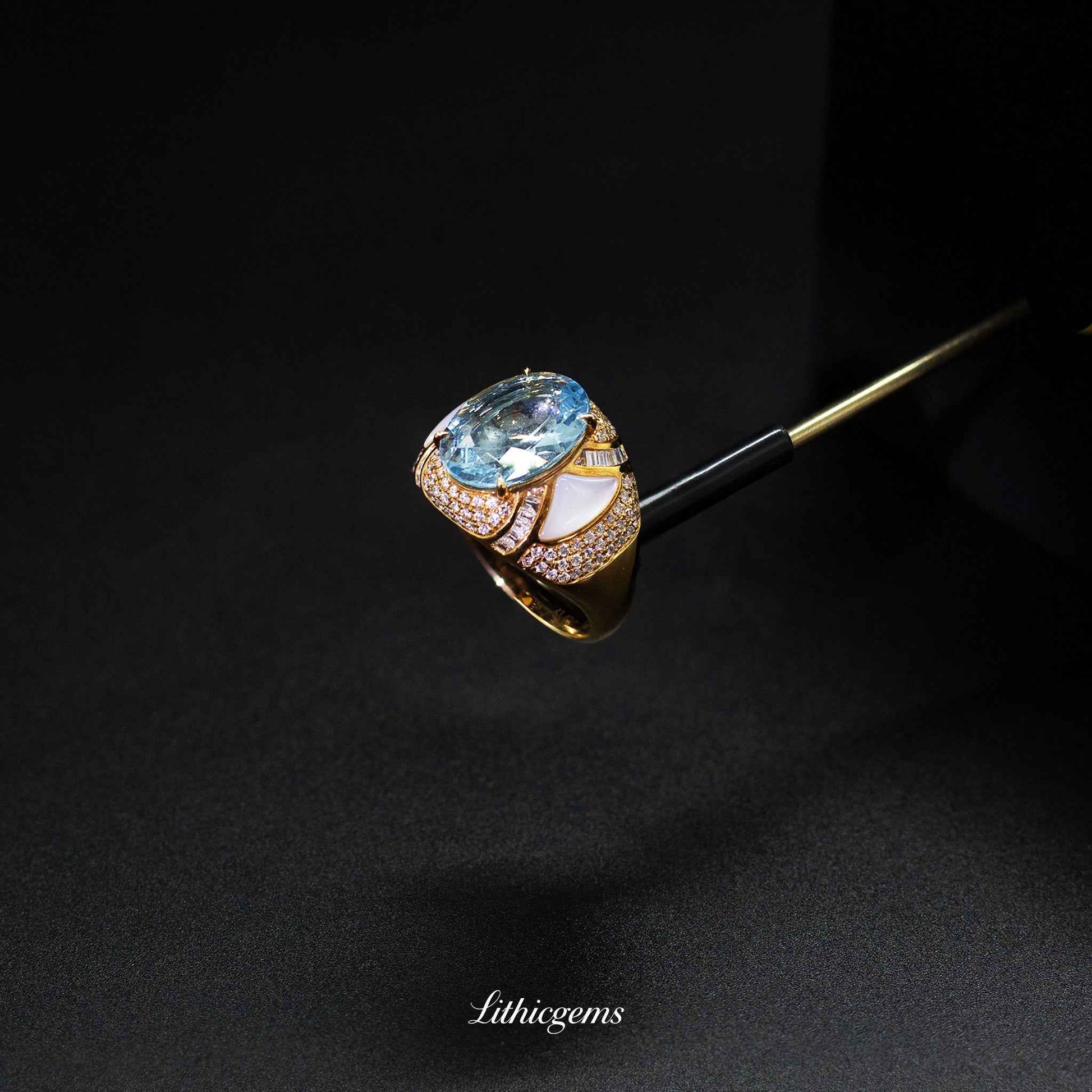 Custom 18K Gold Royal Vintage Style Aquamarine and Diamond Ring | AIGS/GUILD Certified - Lithicgems