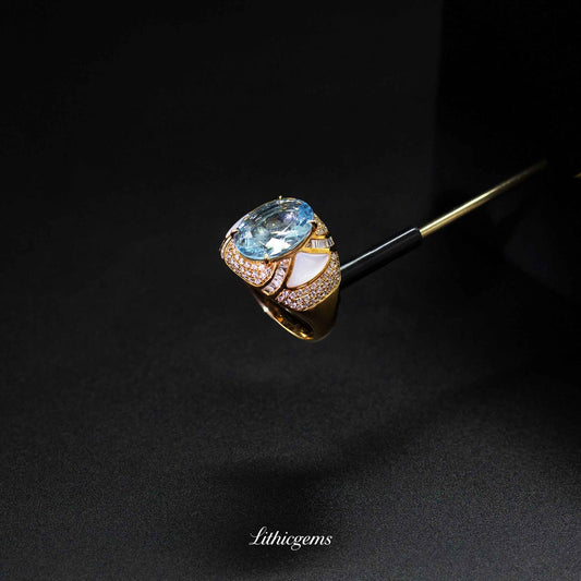 Custom 18K Gold Royal Vintage Style Aquamarine and Diamond Ring | AIGS/GUILD Certified - Lithicgems