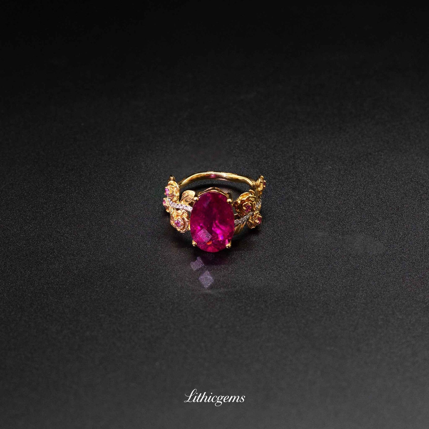 Custom 18K Gold Blooming Rose Rubellite Diamond Ring | AIGS/GUILD Certified