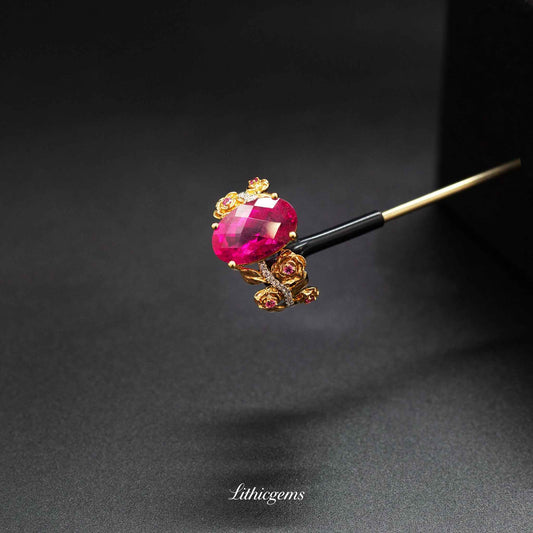 Custom 18K Gold Blooming Rose Rubellite Diamond Ring | AIGS/GUILD Certified
