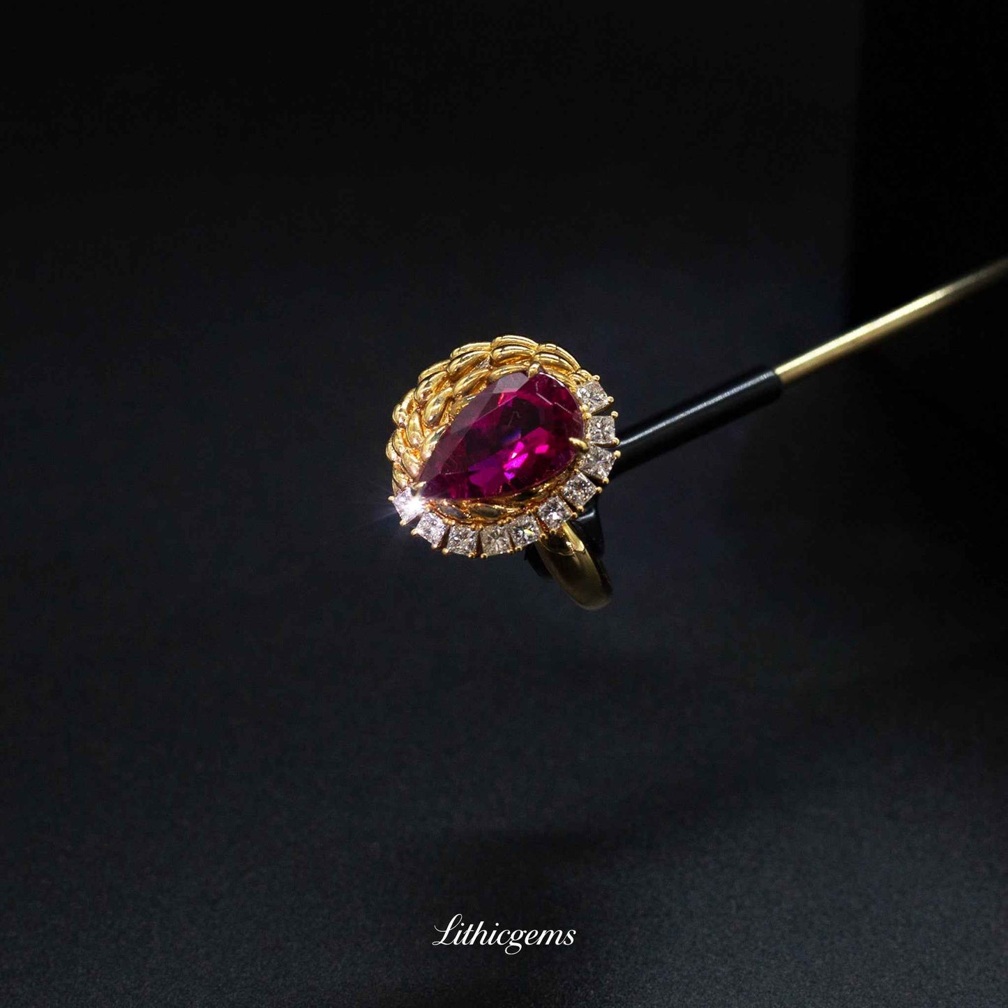 Custom 18K Gold Button-Cut Rubellite Diamond Ring | AIGS/GUILD Certified - Lithicgems