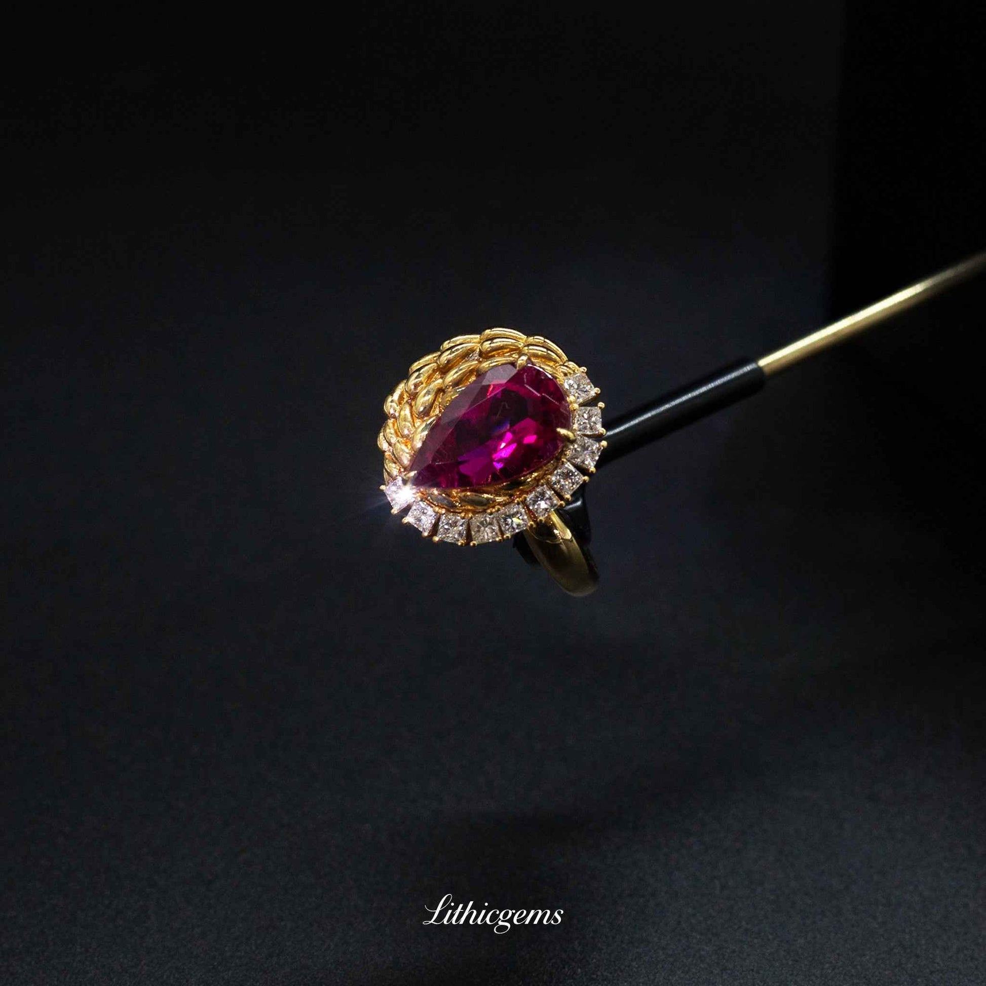 Custom 18K Gold Button-Cut Rubellite Diamond Ring | AIGS/GUILD Certified - Lithicgems