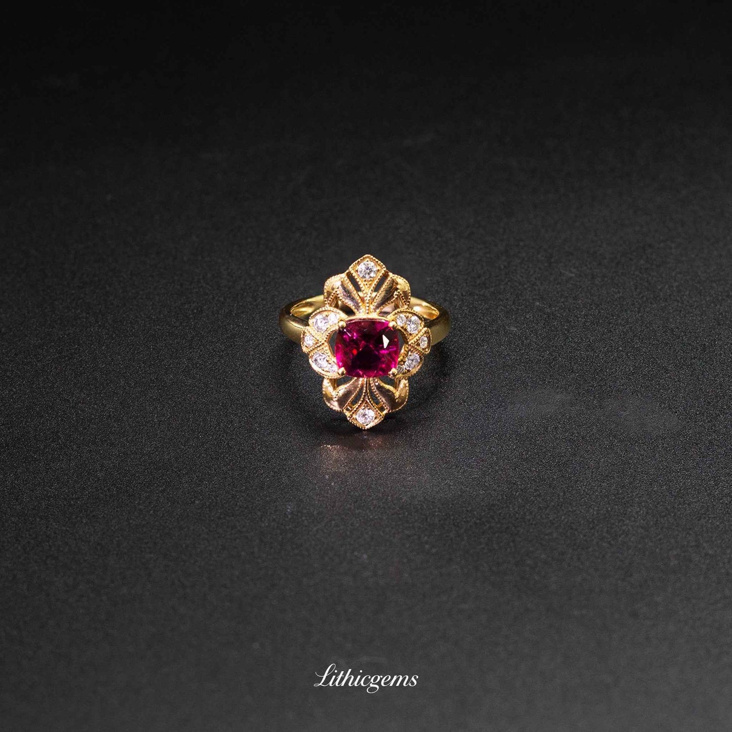 Custom 18K Gold Symmetrical Rubellite and Diamond Ring | AIGS/GUILD Certified