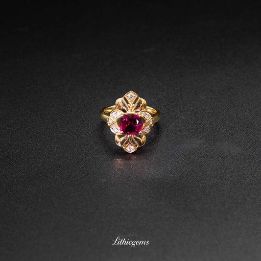 Custom 18K Gold Symmetrical Rubellite and Diamond Ring | AIGS/GUILD Certified