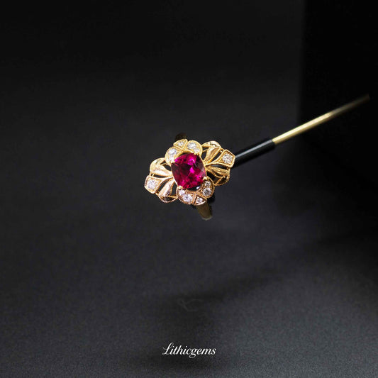 Custom 18K Gold Symmetrical Rubellite and Diamond Ring | AIGS/GUILD Certified - Lithicgems