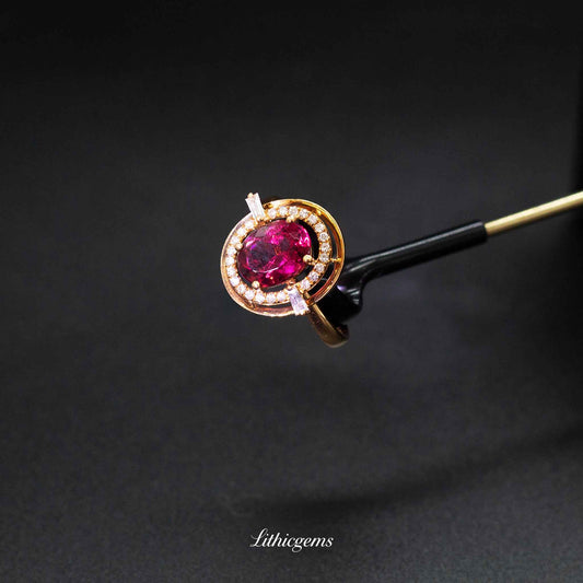 Custom 18K Gold Egg-Shaped Cabochon Rubellite Ring | AIGS/GUILD Certified - Lithicgems