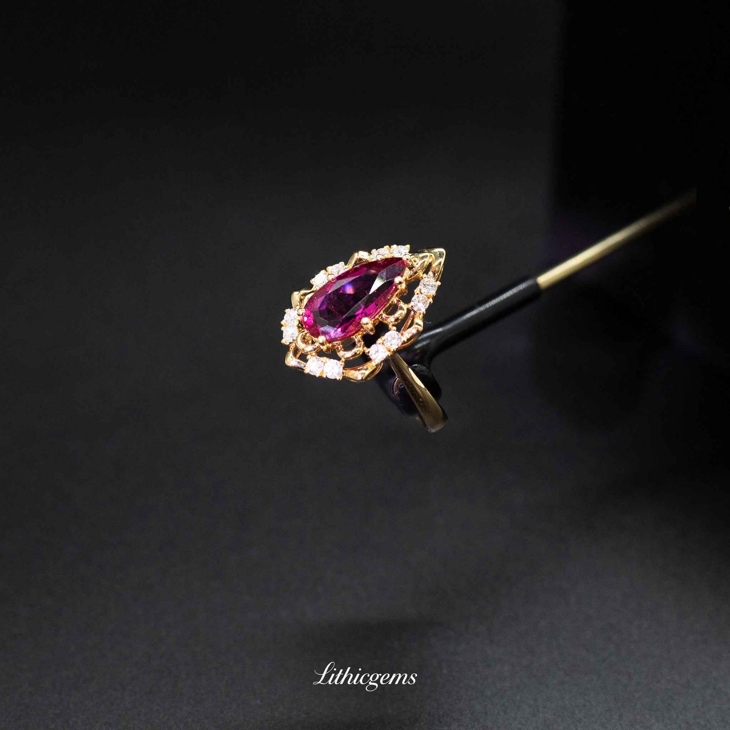 Custom 18K Gold Teardrop Rubellite Diamond Ring | AIGS/GUILD Certified - Lithicgems