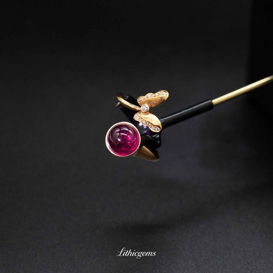 Custom 18K Gold Teardrop Rubellite Diamond Ring | AIGS/GUILD Certified - Lithicgems