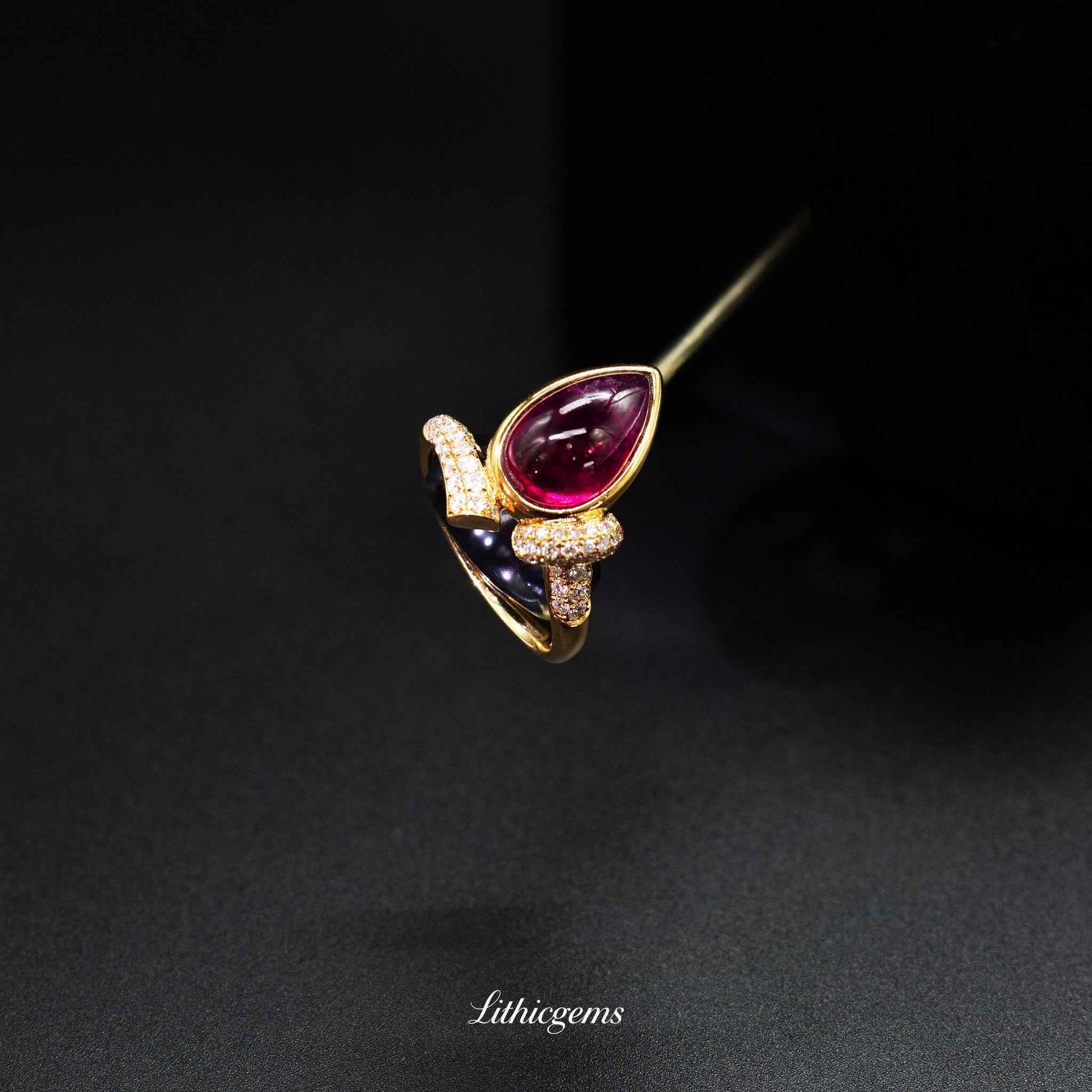 Custom 18K Gold Teardrop Cabochon Rubellite & Diamond Ring | AIGS/GUILD Certified