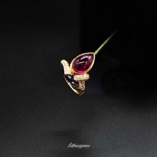 Custom 18K Gold Teardrop Cabochon Rubellite & Diamond Ring | AIGS/GUILD Certified