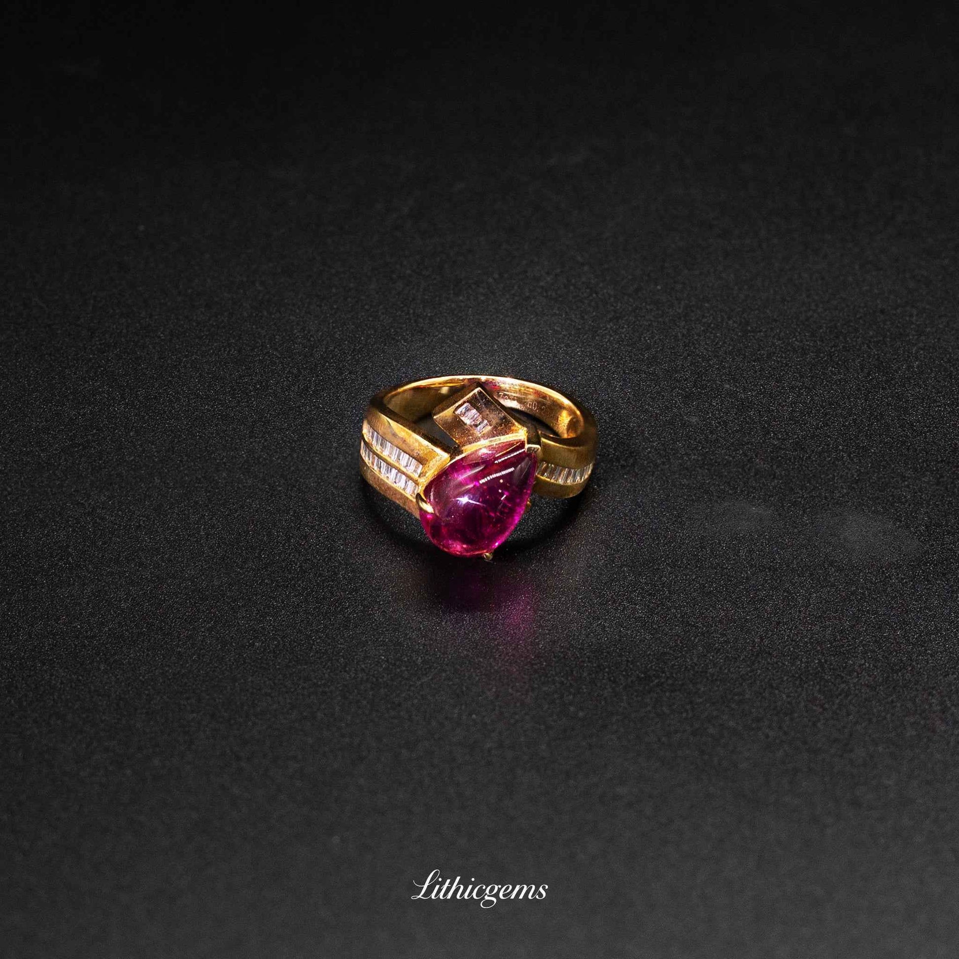 Custom 18K Gold Teardrop Cabochon Rubellite & Diamond Ring | AIGS/GUILD Certified
