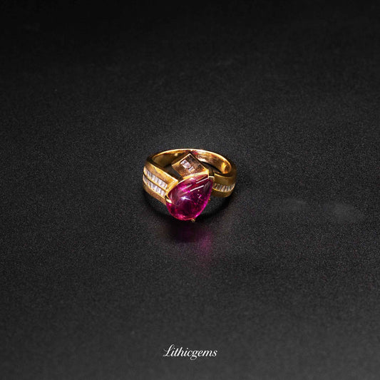 Custom 18K Gold Teardrop Cabochon Rubellite & Diamond Ring | AIGS/GUILD Certified