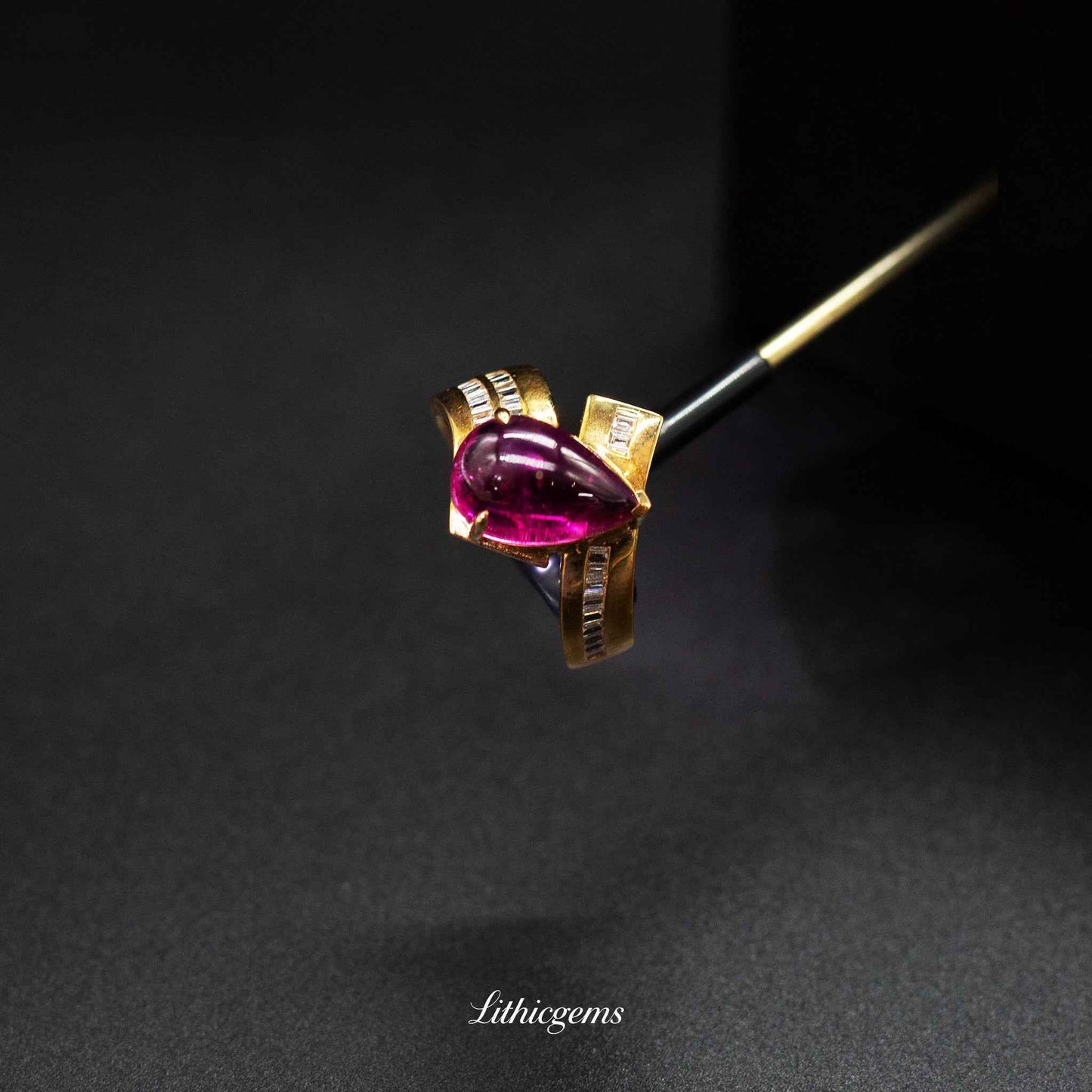 Custom 18K Gold Teardrop Cabochon Rubellite & Diamond Ring | AIGS/GUILD Certified