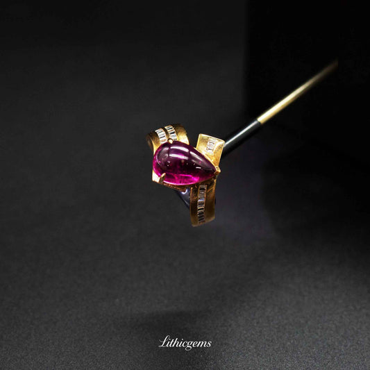 Custom 18K Gold Teardrop Cabochon Rubellite & Diamond Ring | AIGS/GUILD Certified