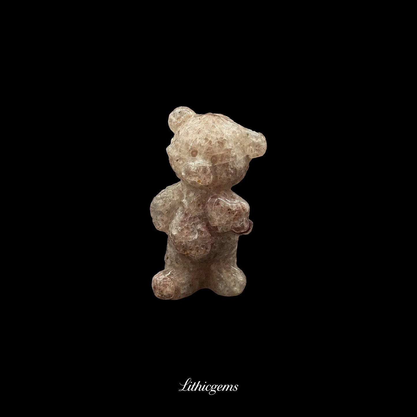 Natural crystal bear figurine on black background, Lithicgems gemstone boutique