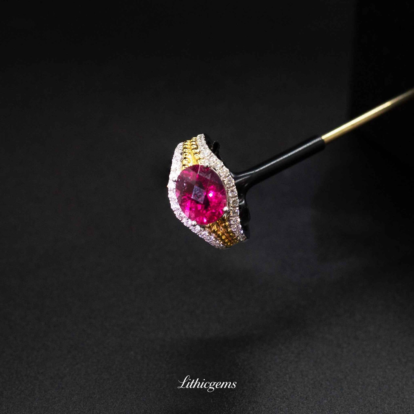 Custom 18K Gold Faceted Rubellite Diamond Ring | AIGS/GUILD Certified - Lithicgems