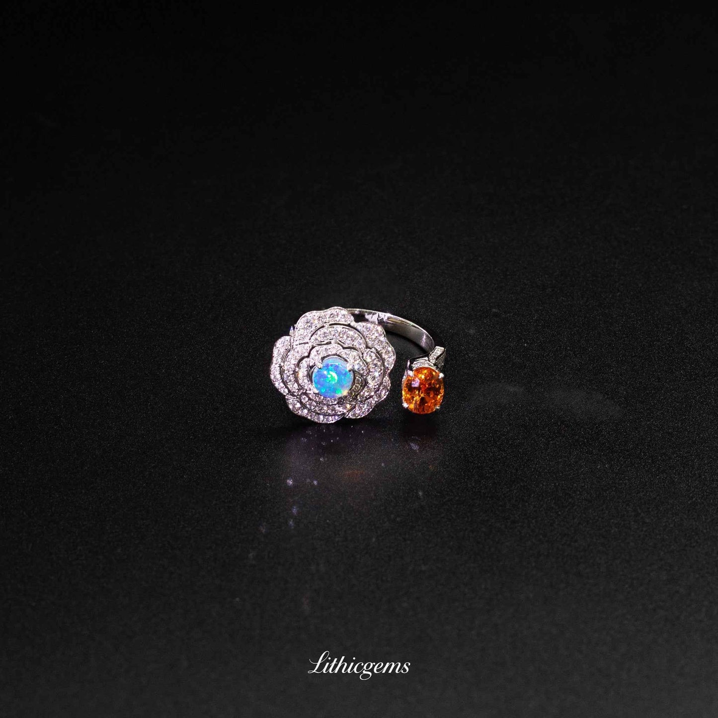 Custom 18K Gold Camellia Mandarin Garnet Diamond Ring | AIGS/GUILD Certified