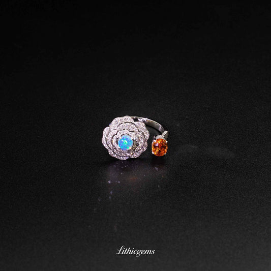 Custom 18K Gold Camellia Mandarin Garnet Diamond Ring | AIGS/GUILD Certified