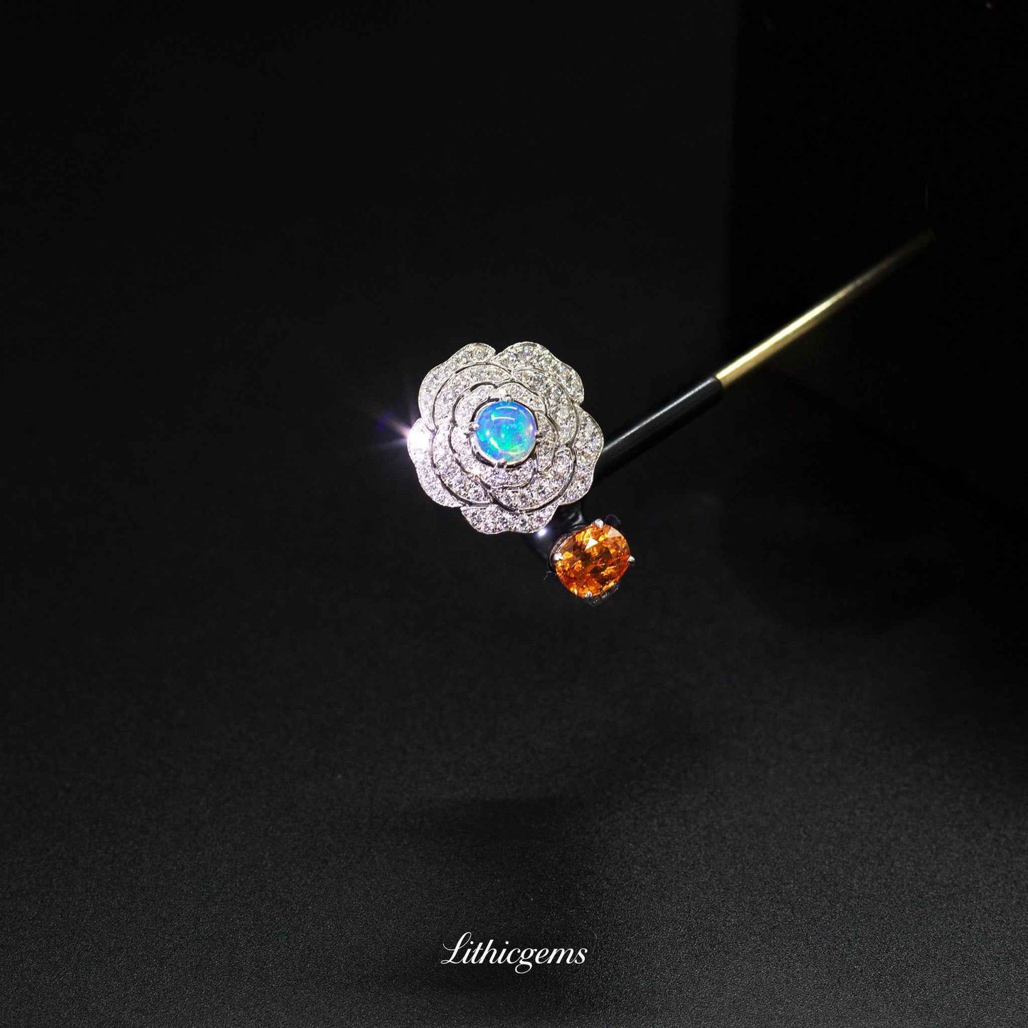 Custom 18K Gold Camellia Mandarin Garnet Diamond Ring | AIGS/GUILD Certified