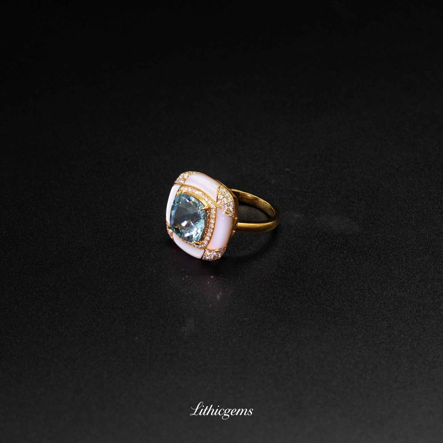 Custom 18K Gold Cushion-Cut Aquamarine Halo Diamond Ring | AIGS/GUILD Certified