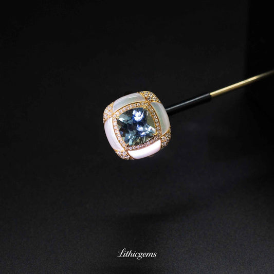 Custom 18K Gold Cushion-Cut Aquamarine Halo Diamond Ring | AIGS/GUILD Certified - Lithicgems